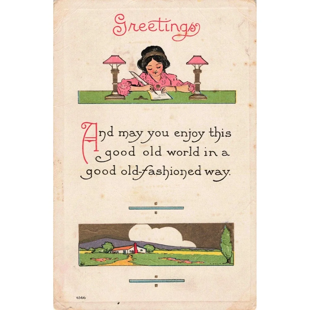 Vintage 1914 Greetings Postcard Woman Writing Letter Tolono IL Postmark 6366
